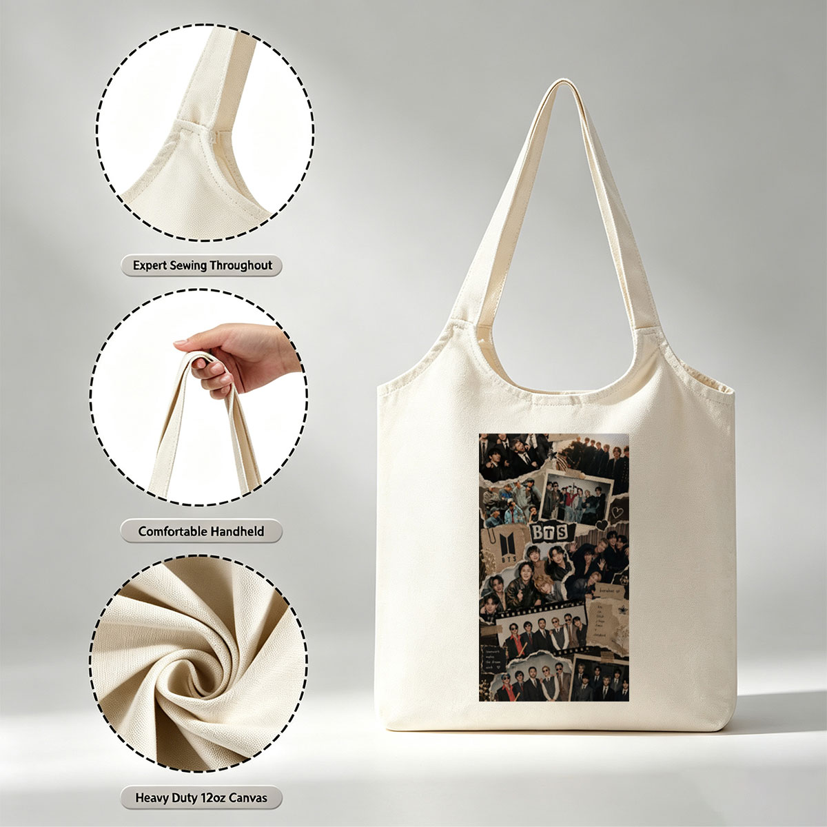 BTS Group Photo Collage Featuring Members in Various Outfits and Settings with Fans and Teamwork Theme - Canvas shoulder bags/