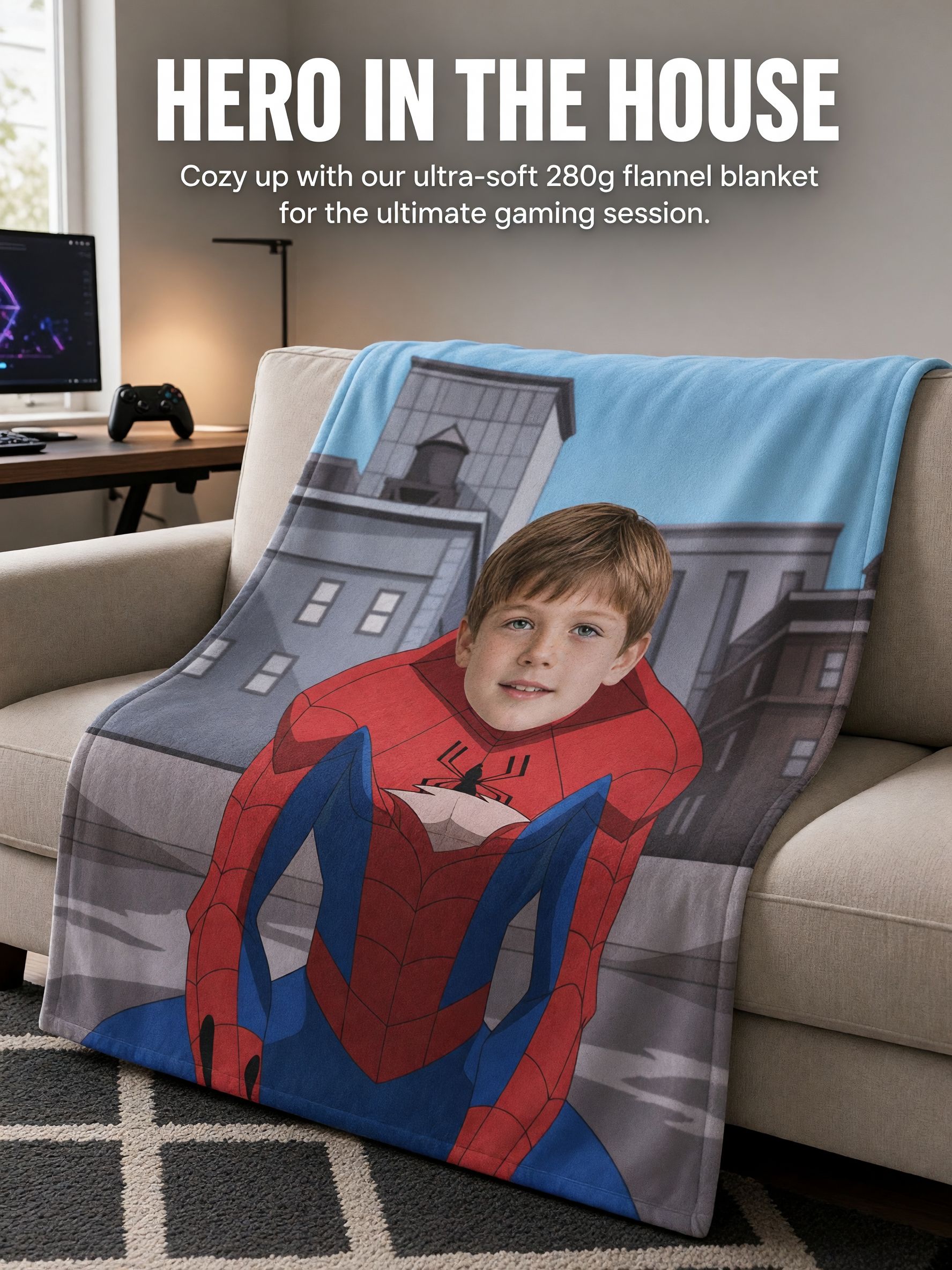Custom Photo Face Superhero Blanket, Personalized Soft Flannel Throw for Kids, Ideal Cozy Gift for Bed and Couch