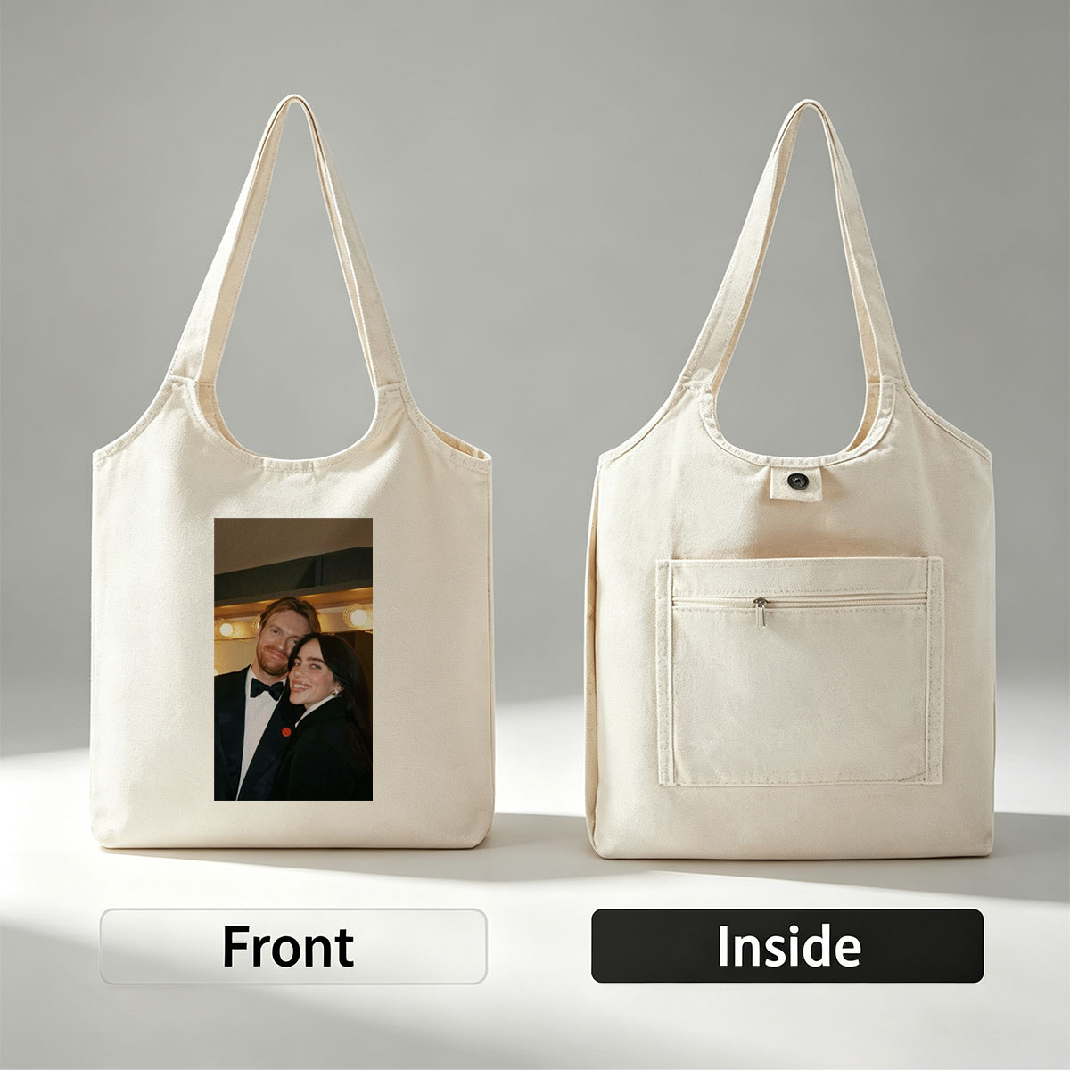 Lily Collins and Sam Claflin at a glamorous event, smiling together in formal attire with warm lighting in the background. - Canvas shoulder bags/