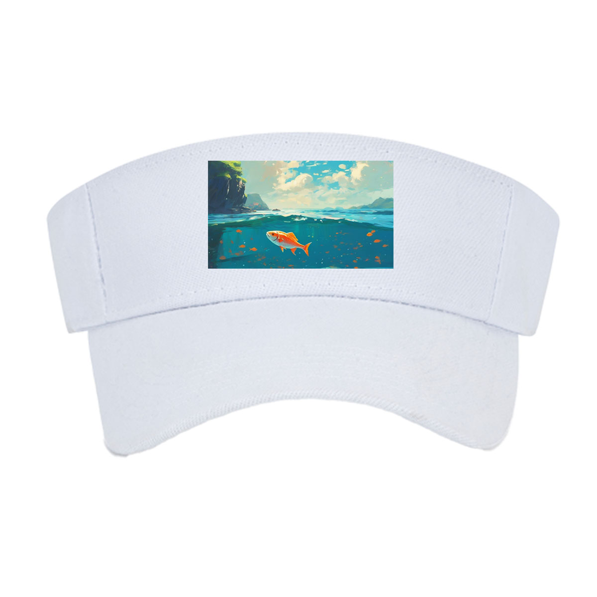 A vibrant orange fish swims gracefully in clear blue waters beneath a sunny sky. -  Visor cap