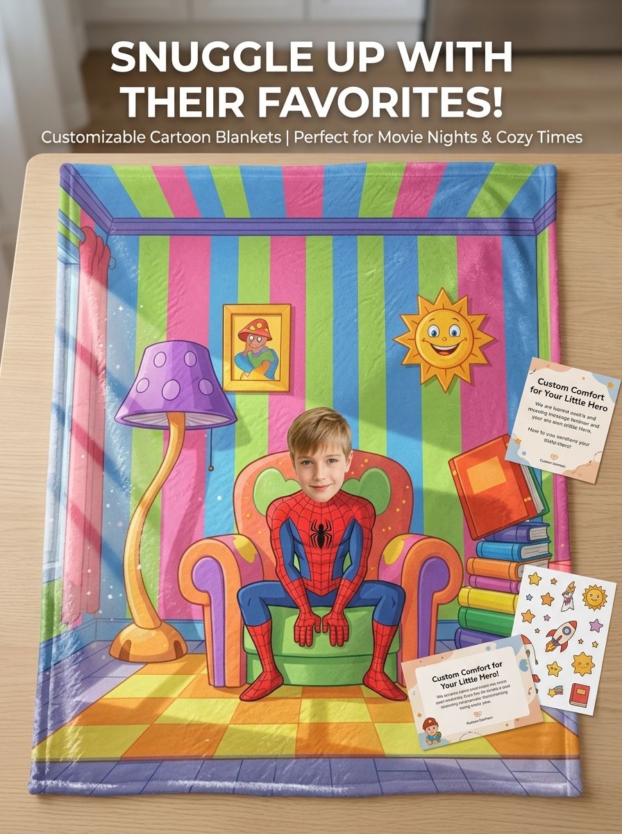 Custom Face Photo Superhero Flannel Fleece Blanket, Personalized Cozy Throw Gift for Kids Bedroom and Couch