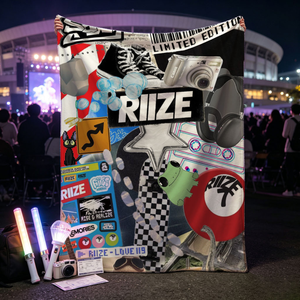 RIIZE Music Collage Featuring Band Merch, Camera, Sneakers, and Pop Culture Elements - Blankets