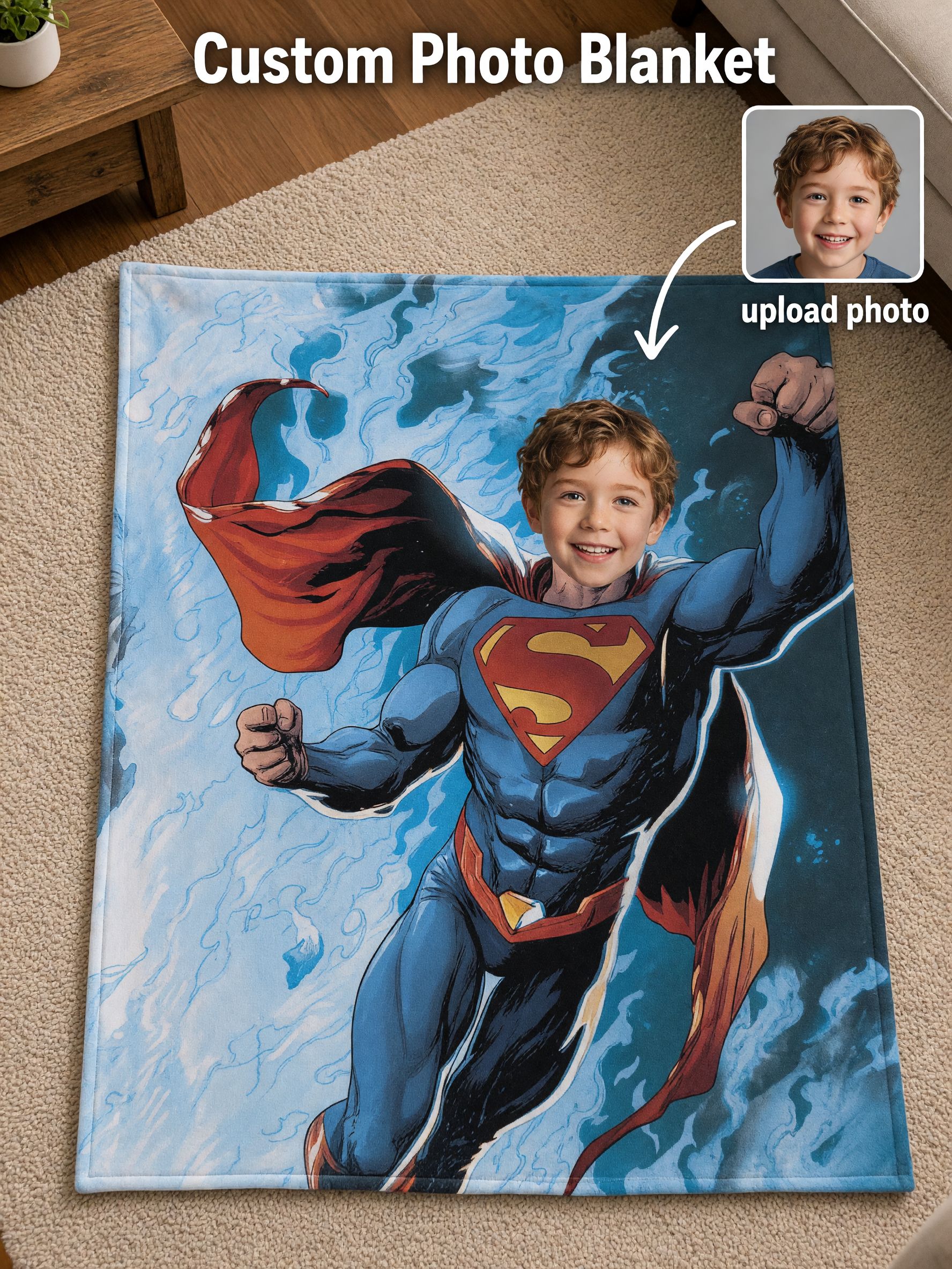 Custom Face Superhero Throw Blanket Soft Anti-Pilling Flannel Personalized Photo Fleece Blanket for Kids and Adults