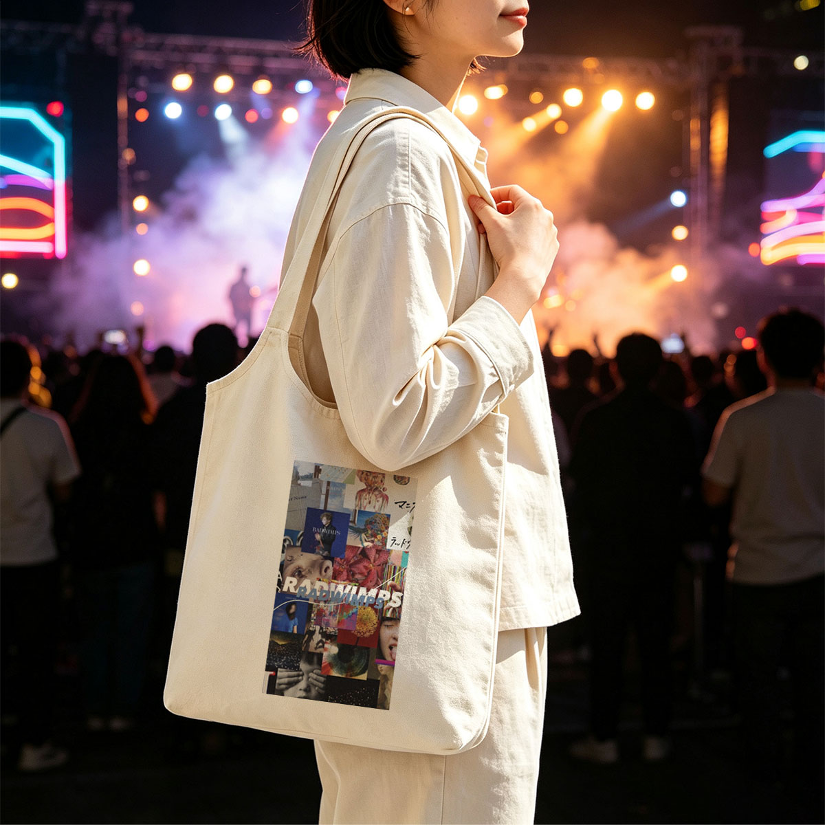 RADWIMPS Collage Artwork Featuring Band Members and Vibrant Visual Elements - Canvas shoulder bags/