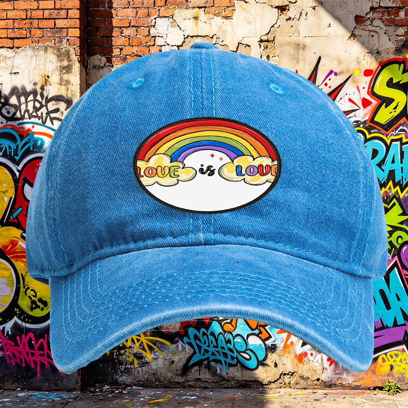Unisex Classic Washed Hat with Rainbow Love is Love Print | Casual Streetwear Cap for LGBTQ+ Pride & Everyday Wear | Perfect for Adults Seeking Inclusive Fashion Statements