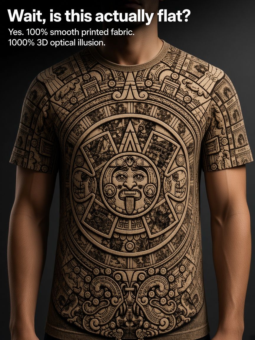 Aztec Sun Stone 3D Optical Illusion Graphic Tee, Breathable Athletic Mesh T-Shirt for Casual and Sports Wear