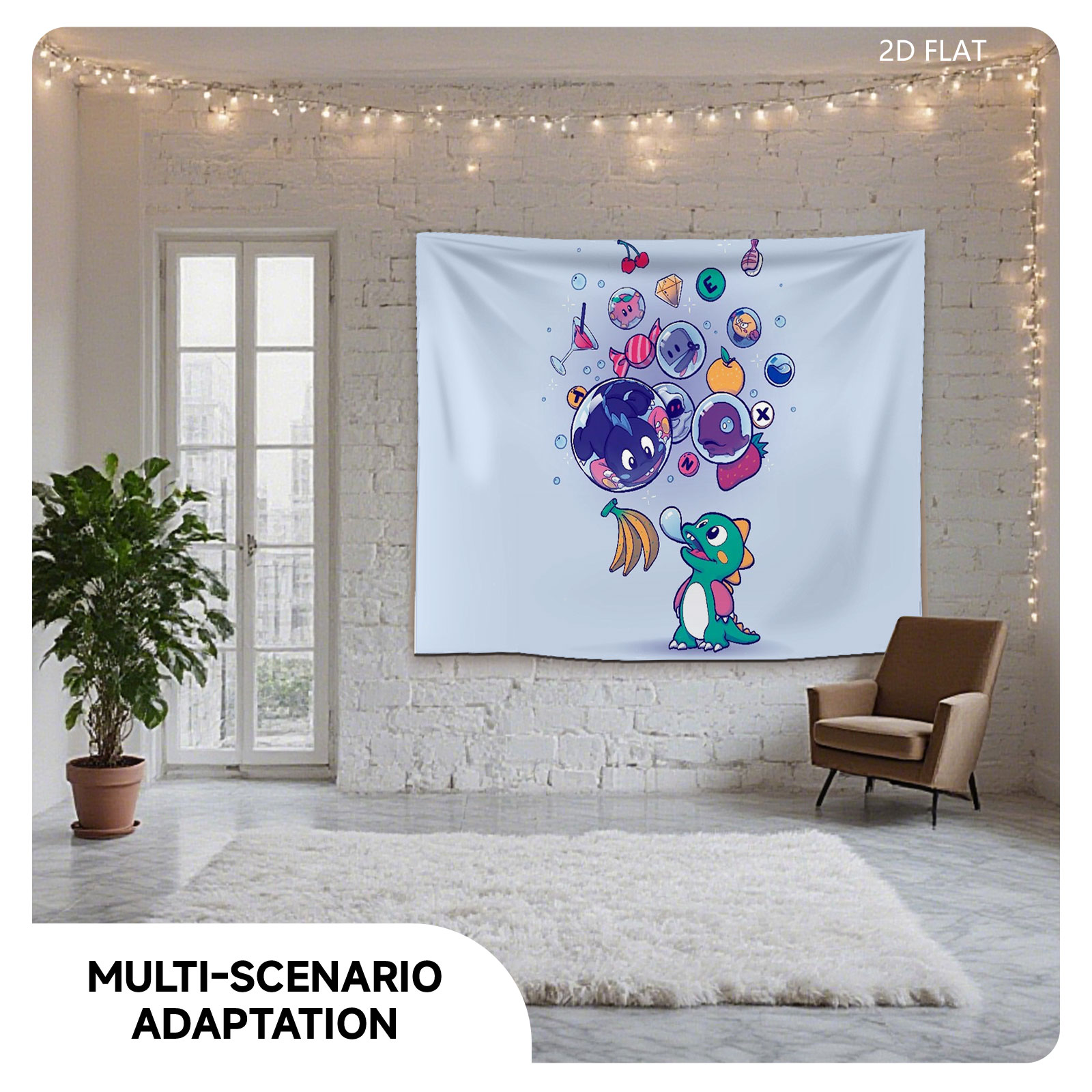 Cute Dragon Blows Bubbles with Game Icons and Fruits - Tapestry
