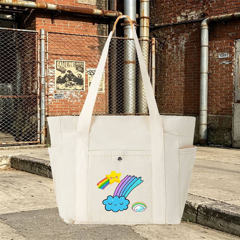 Multi Pocket Bag Beige with Rainbow Star Cloud Print - Stylish Organizing Backpack for Daily Use, School, Travel, and Outdoor Activities - Ideal for Teens, College Students, and Young Adults