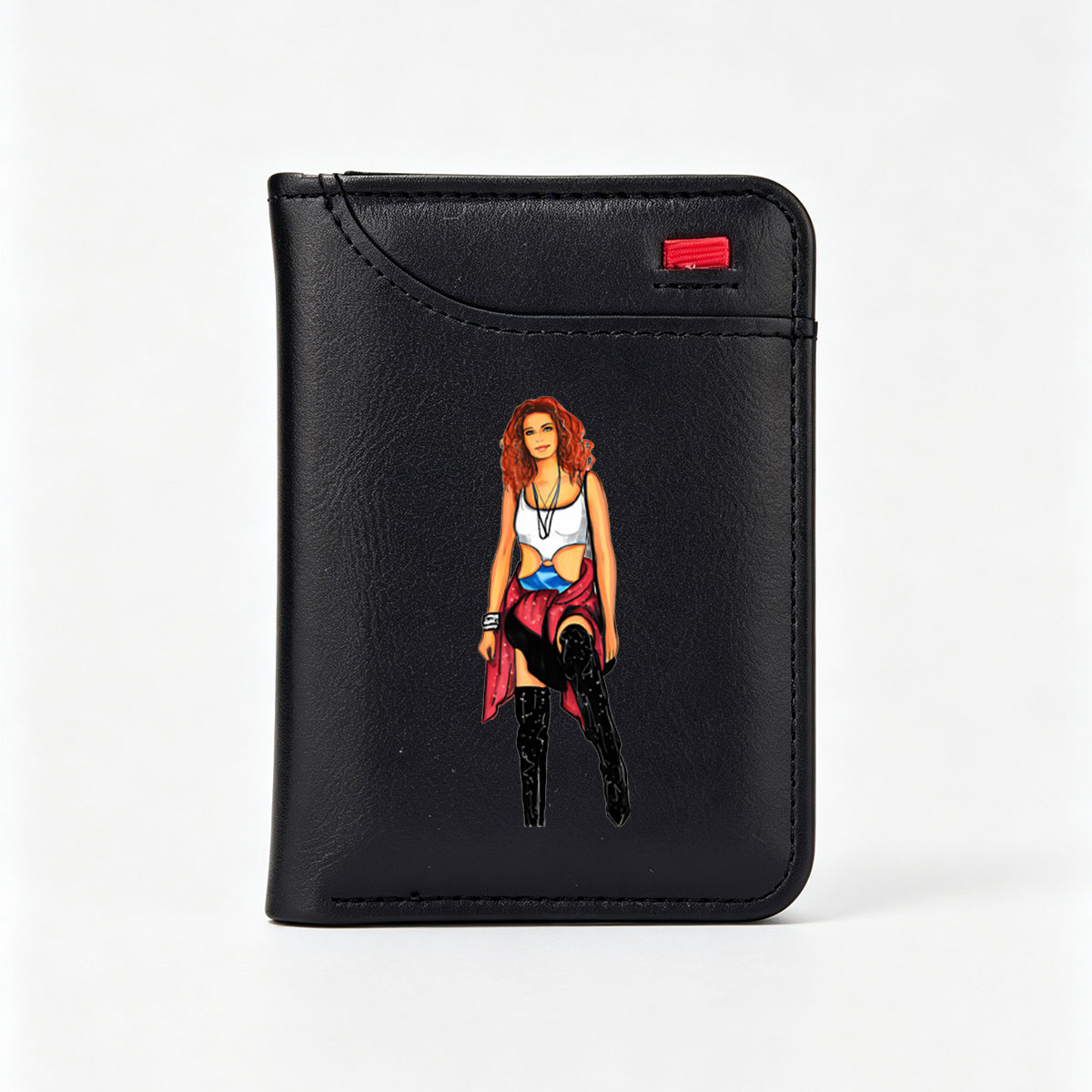 Red-Haired Woman in White Top and Red Skirt with Black Boots - Vertical Style Wallet