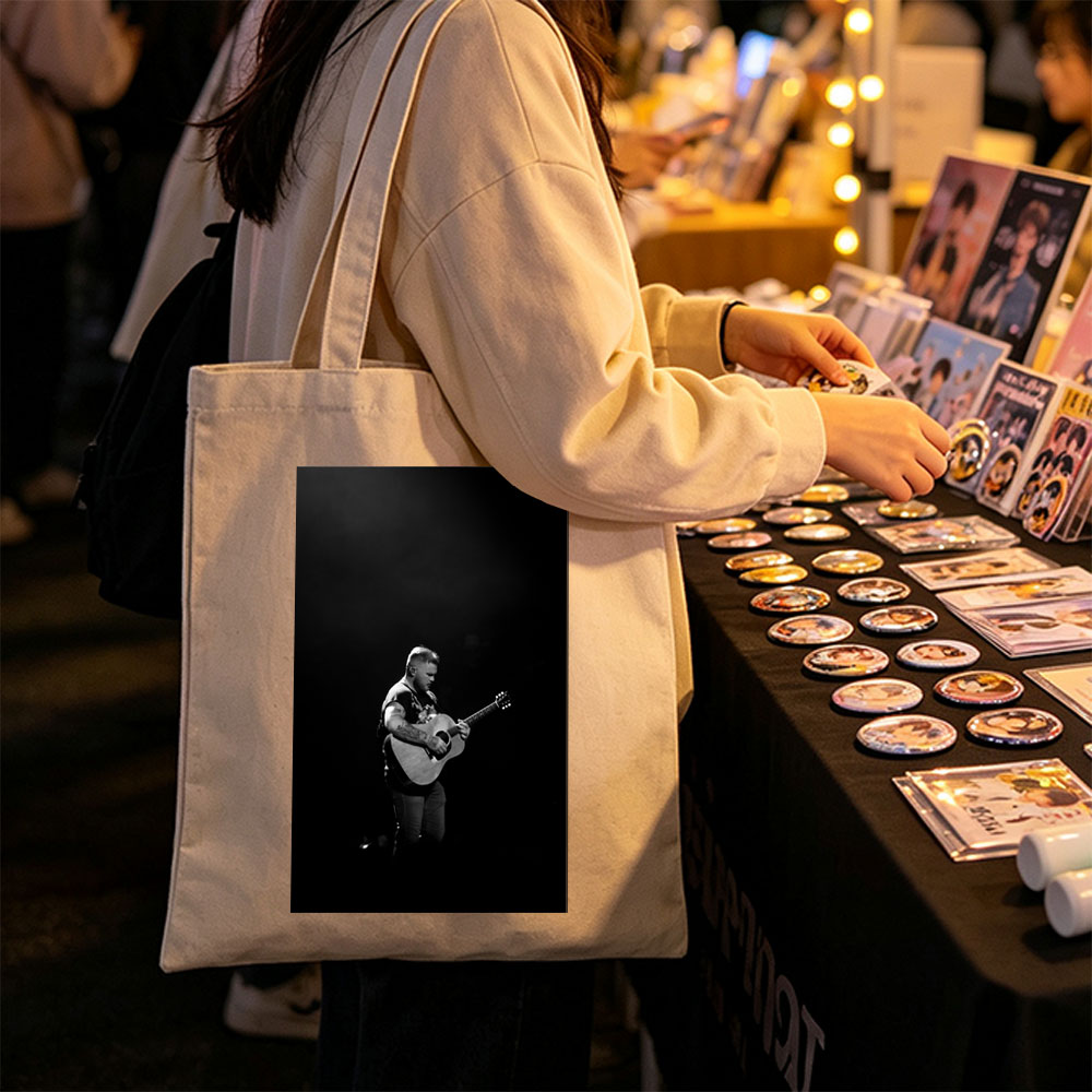 Brantley Gilbert Playing Acoustic Guitar on Stage in Black and White - Canvas tote bags