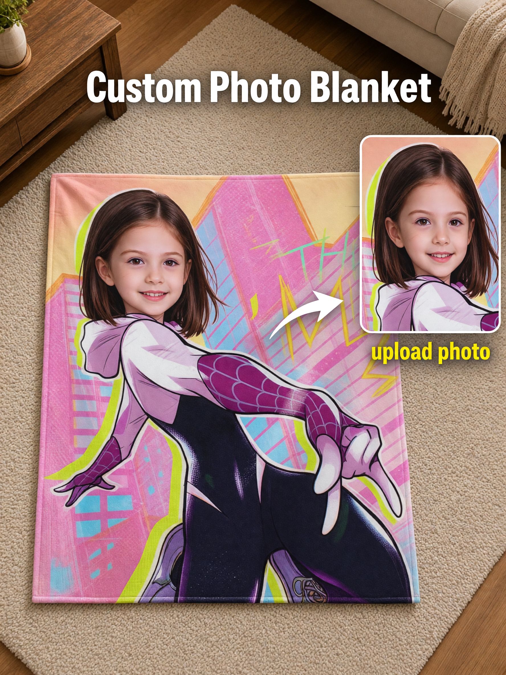 Custom Photo Face Blanket Personalized Superhero Flannel Throw, Ultra Soft Anti-Pilling Cozy Fleece Gift