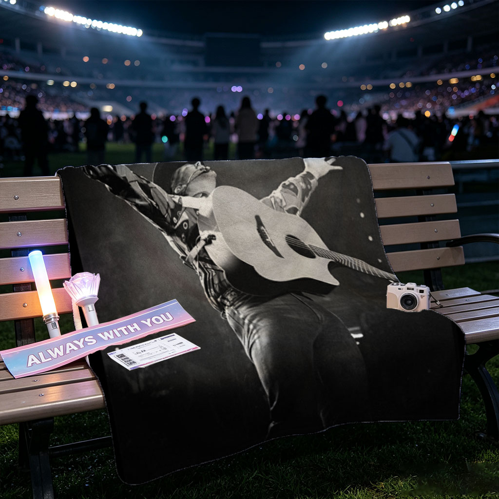 Johnny Cash Performing on Stage with Acoustic Guitar and Arms Raised - Blankets