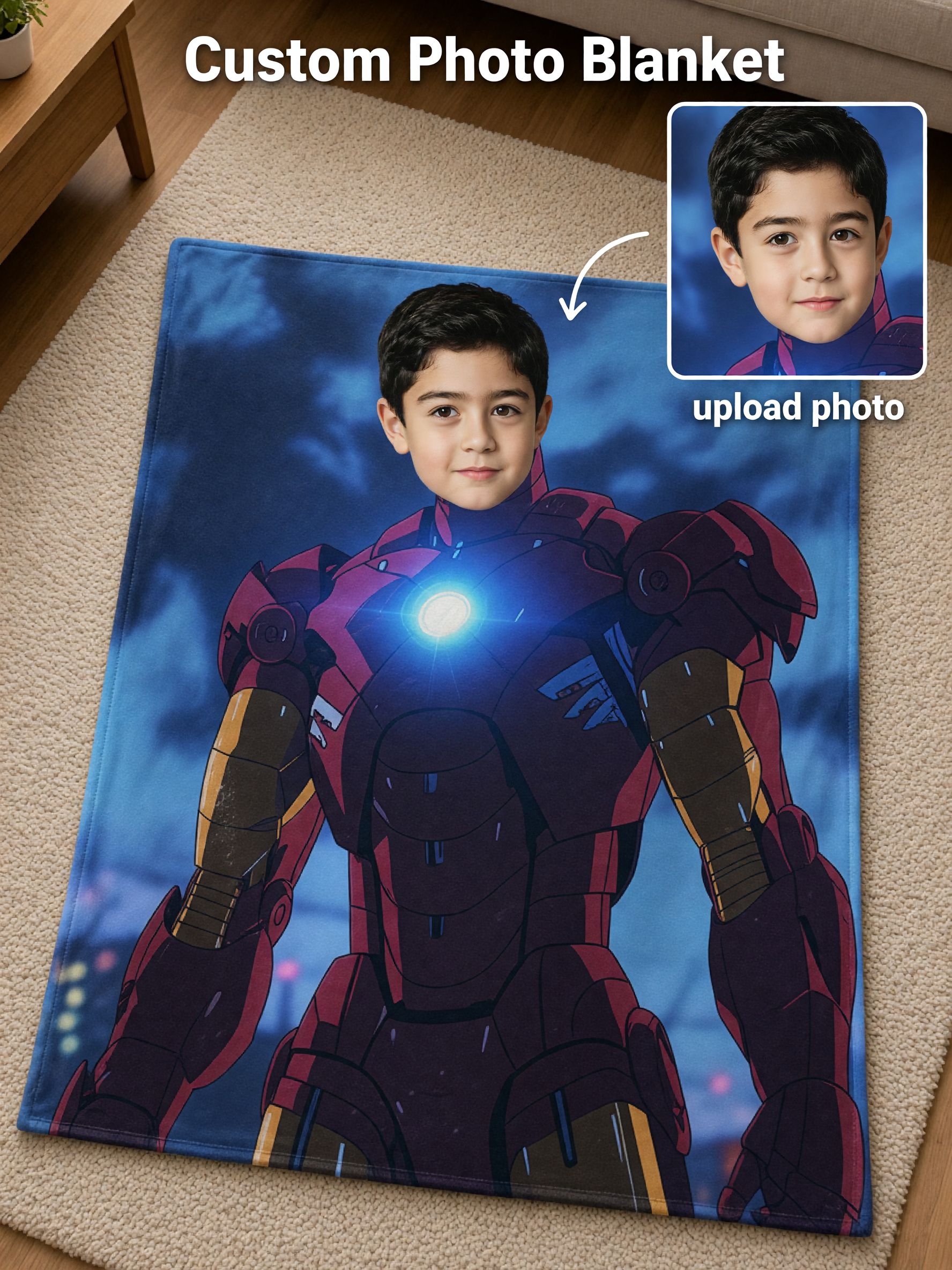 Custom Photo Face Superhero Armor Flannel Throw Blanket Ultra Soft Anti-Pilling Plush Coverlet Ideal Personalized