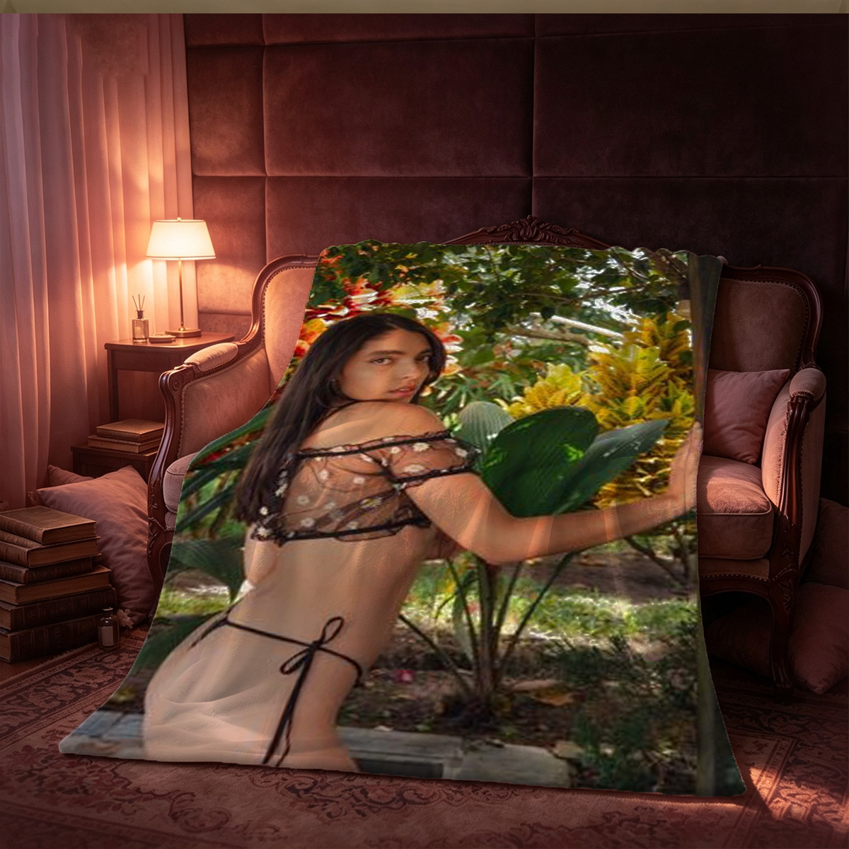 Nude Redhead Sitting on Red Velvet Chair by Fireplace - Blanket