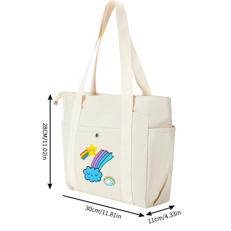 Multi Pocket Bag Beige with Rainbow Star Cloud Print - Stylish Organizing Backpack for Daily Use, School, Travel, and Outdoor Activities - Ideal for Teens, College Students, and Young Adults