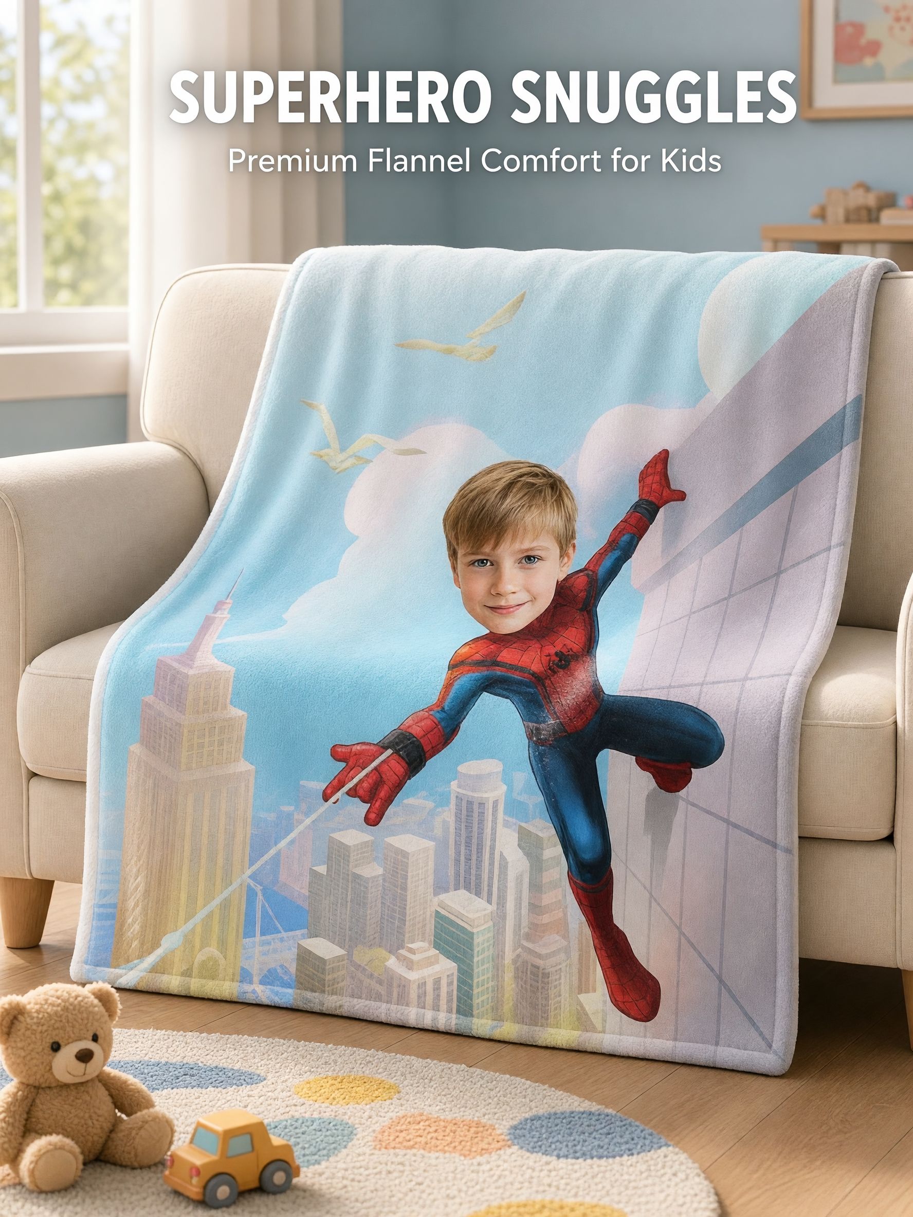 Custom Photo Superhero Flannel Fleece Blanket Personalized Face Portrait Throw for Kids Bedroom Gift