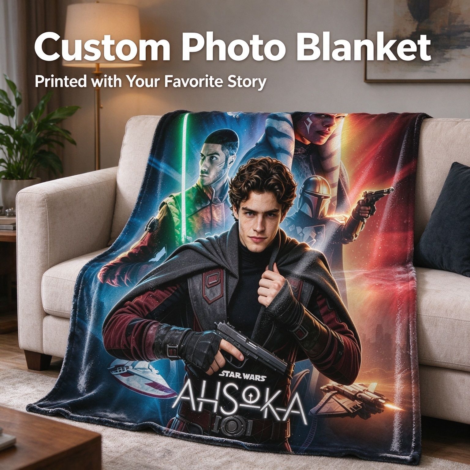 Custom Photo Flannel Throw Blanket Personalized Portrait Sci Fi Galactic Hero Soft Fleece Cozy Bedding Couch Gift