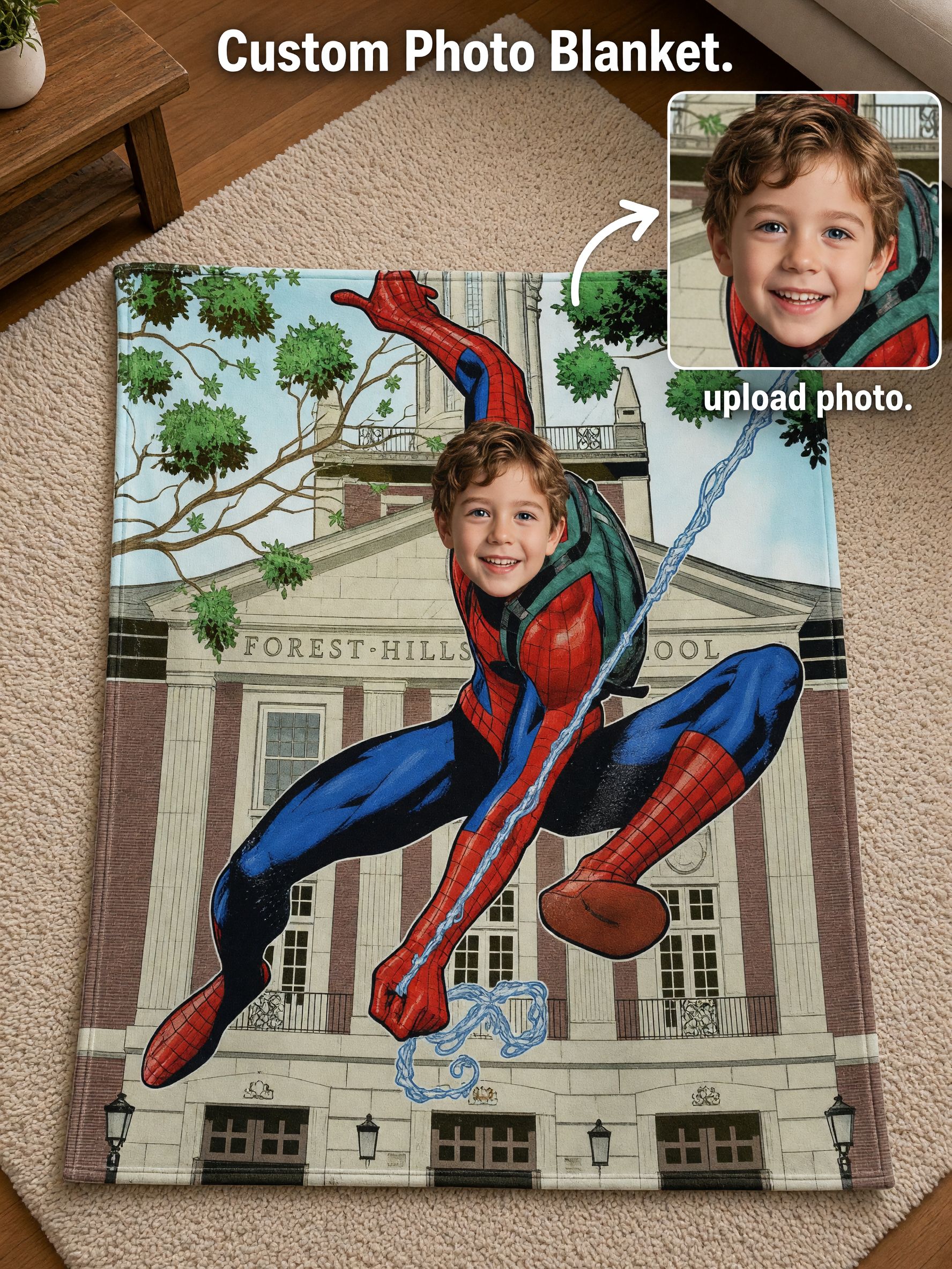 Custom Face Photo Superhero Flannel Blanket, Personalized Plush Throw for Kids and Boys, Cozy Gift for Couch and Bed