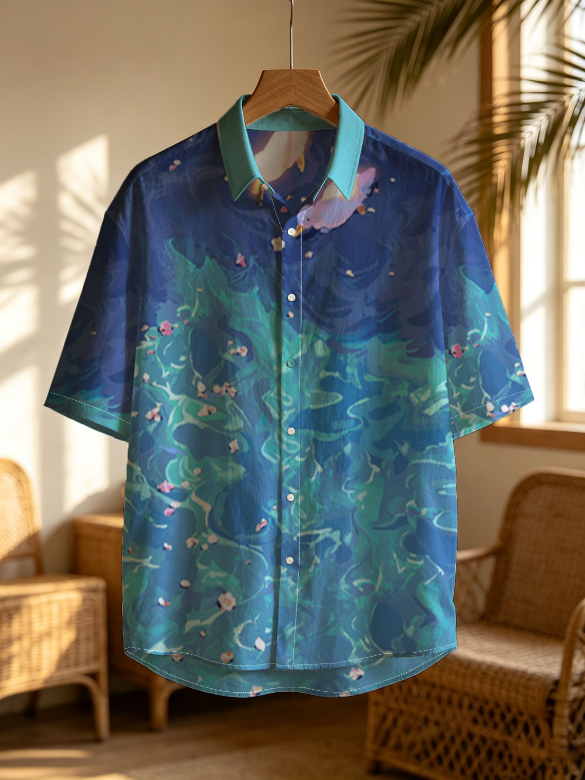Ducks floating on a vibrant blue pond with scattered petals -  Shirt