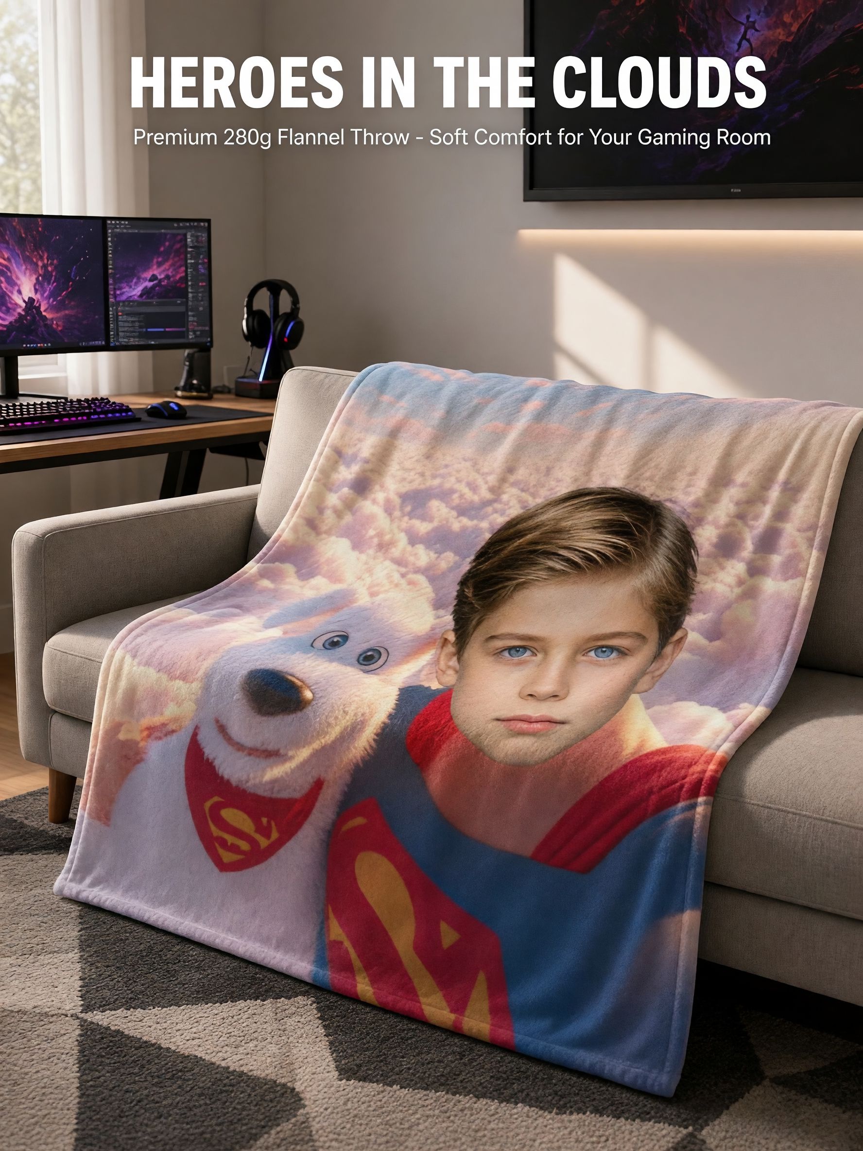Personalized Custom Face Blanket, Superhero Photo Flannel Fleece Throw, Ideal Personalized Gift for Kids and Family