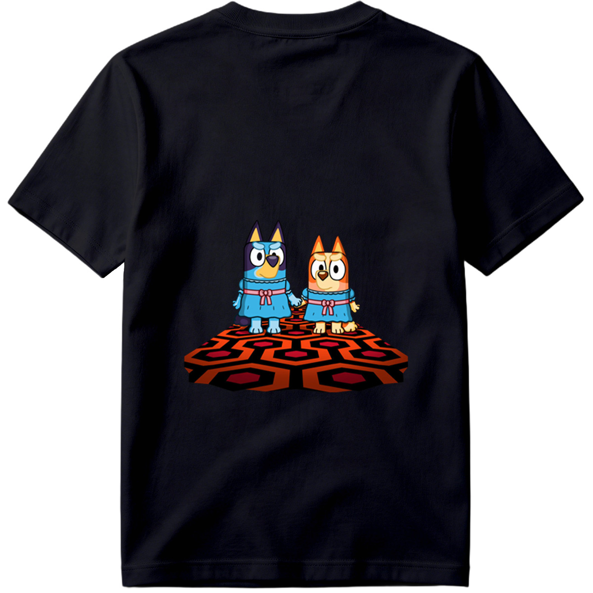 Bluey and Bingo in Matching Dresses on a Patterned Rug - Tee