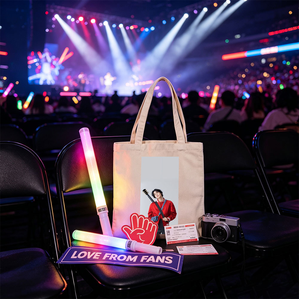 Jungkook with Guitar in Red Jacket and Blue Bag, Standing Against Gray Background - Canvas tote bags