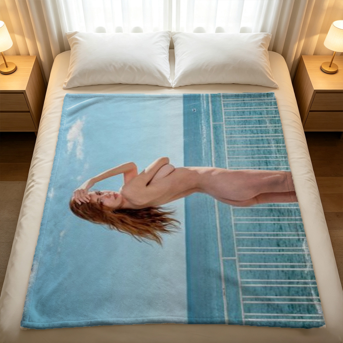 Nude Japanese Model in Wet Sauna Pose - Blanket
