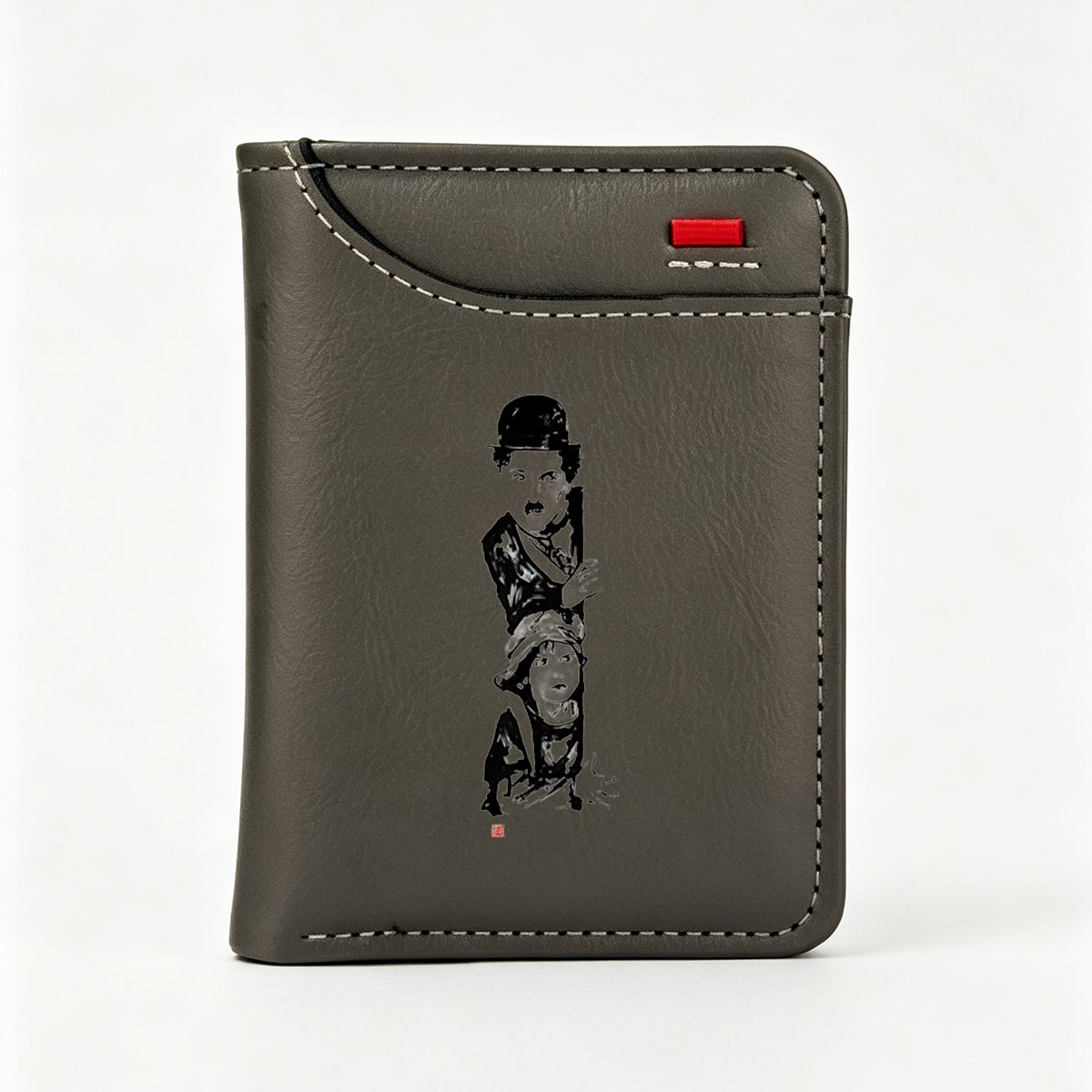 Two figures in hats, one standing and one seated, rendered in high-contrast black and white. - Vertical Style Wallet