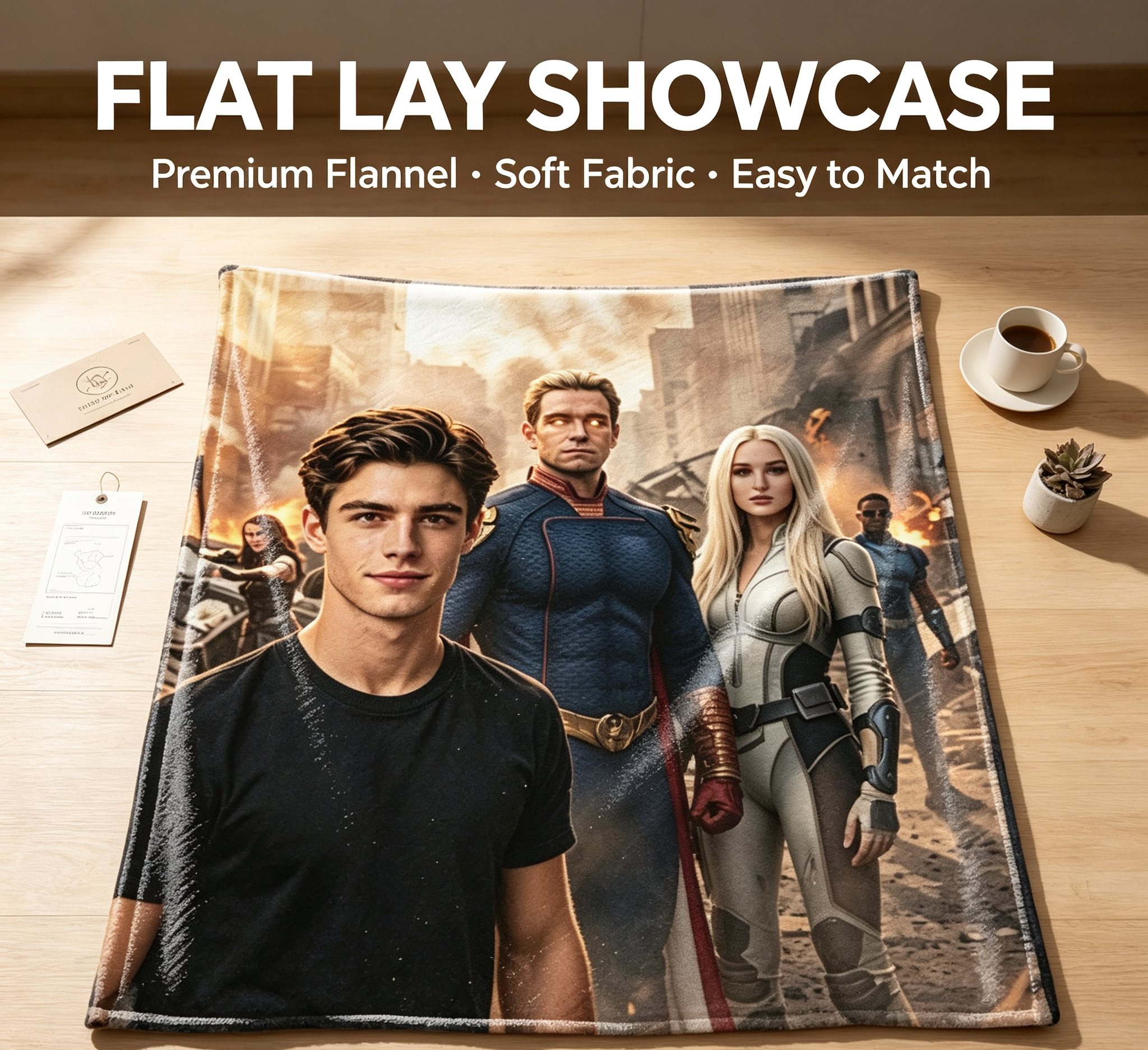Custom Face Blanket Featuring The Boys Superhero Team in City Battle Scene Flannel Blanket Perfect for Fans and Cosplay Enthusiasts Ideal Gift or Giveaway for Movie Lovers