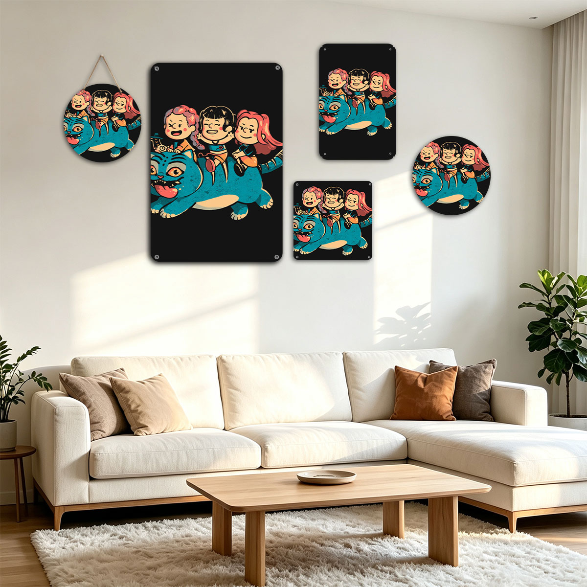 Three Kids Riding a Cheshire Cat - painting