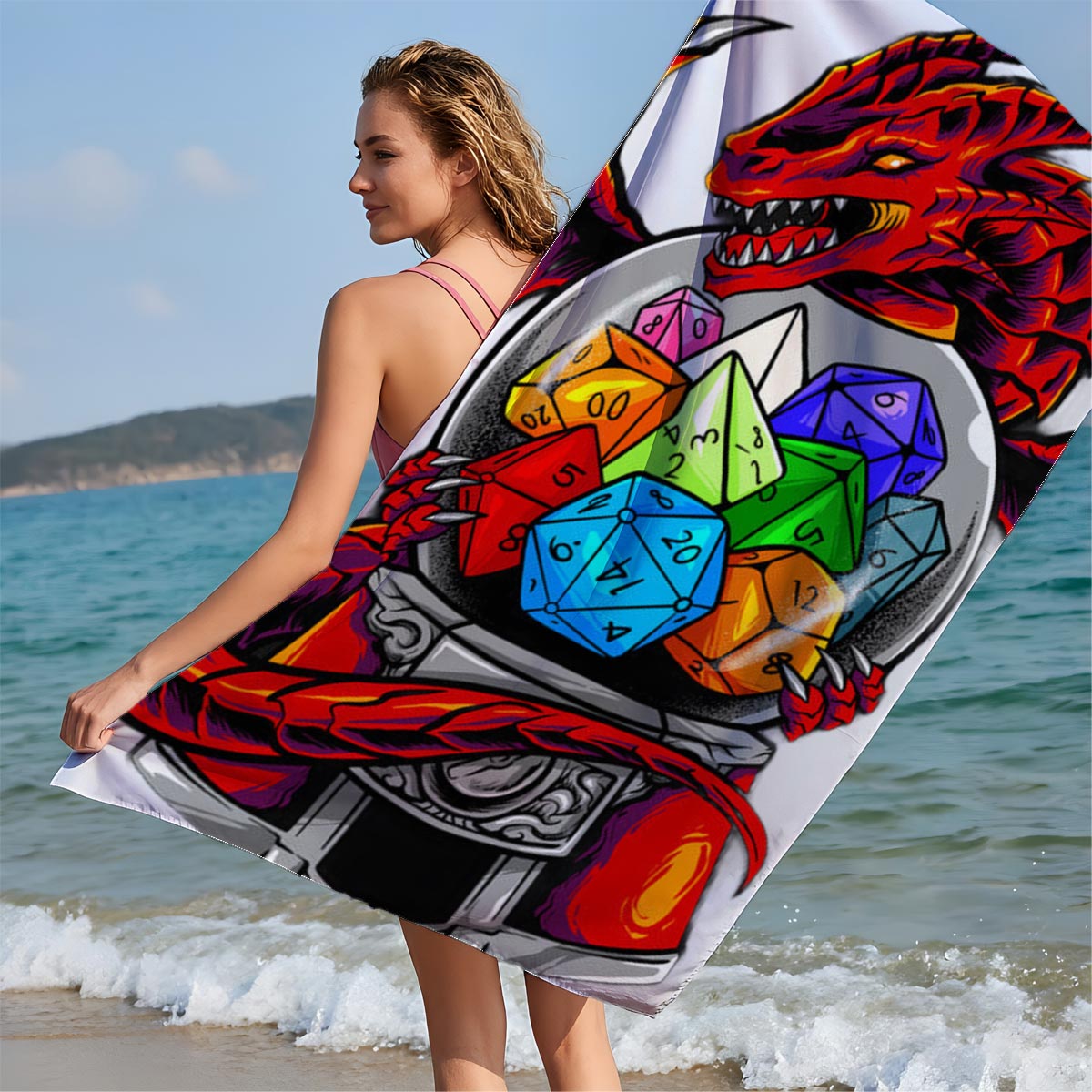 Red Dragon Guarding a Crystal Ball with Colorful Dice - Beach towels