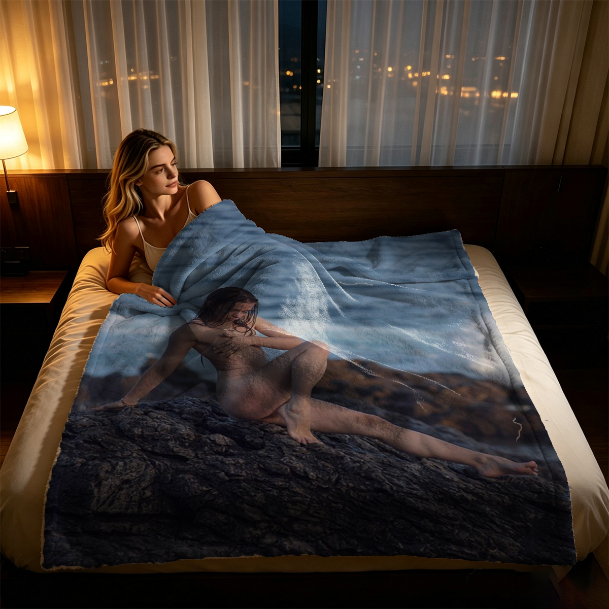 A woman in black lace lingerie lying on a patterned bed. - Blanket
