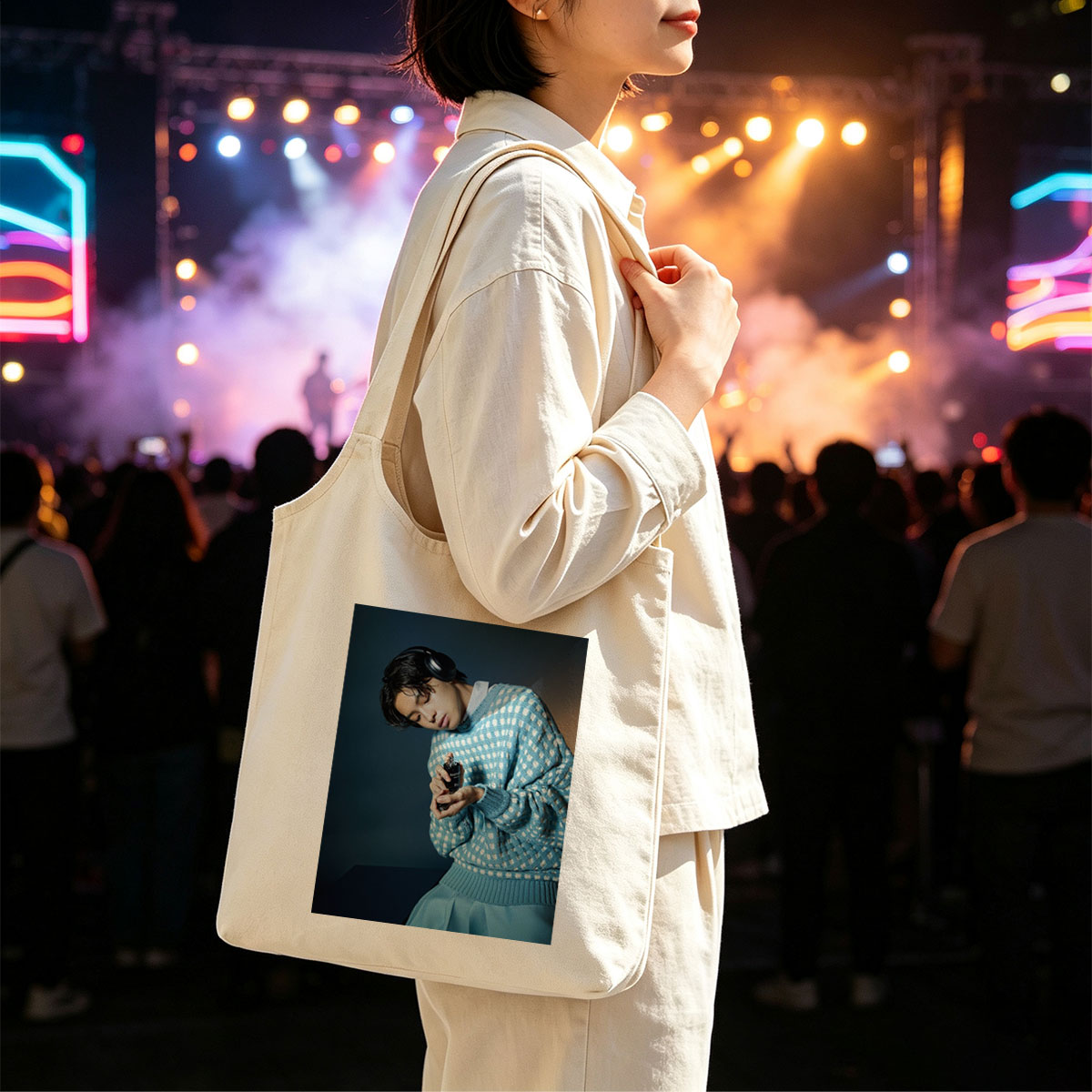 Jaden Smith in a Stylish Blue Sweater Holding a Perfume Bottle with Headphones On - Canvas shoulder bags/