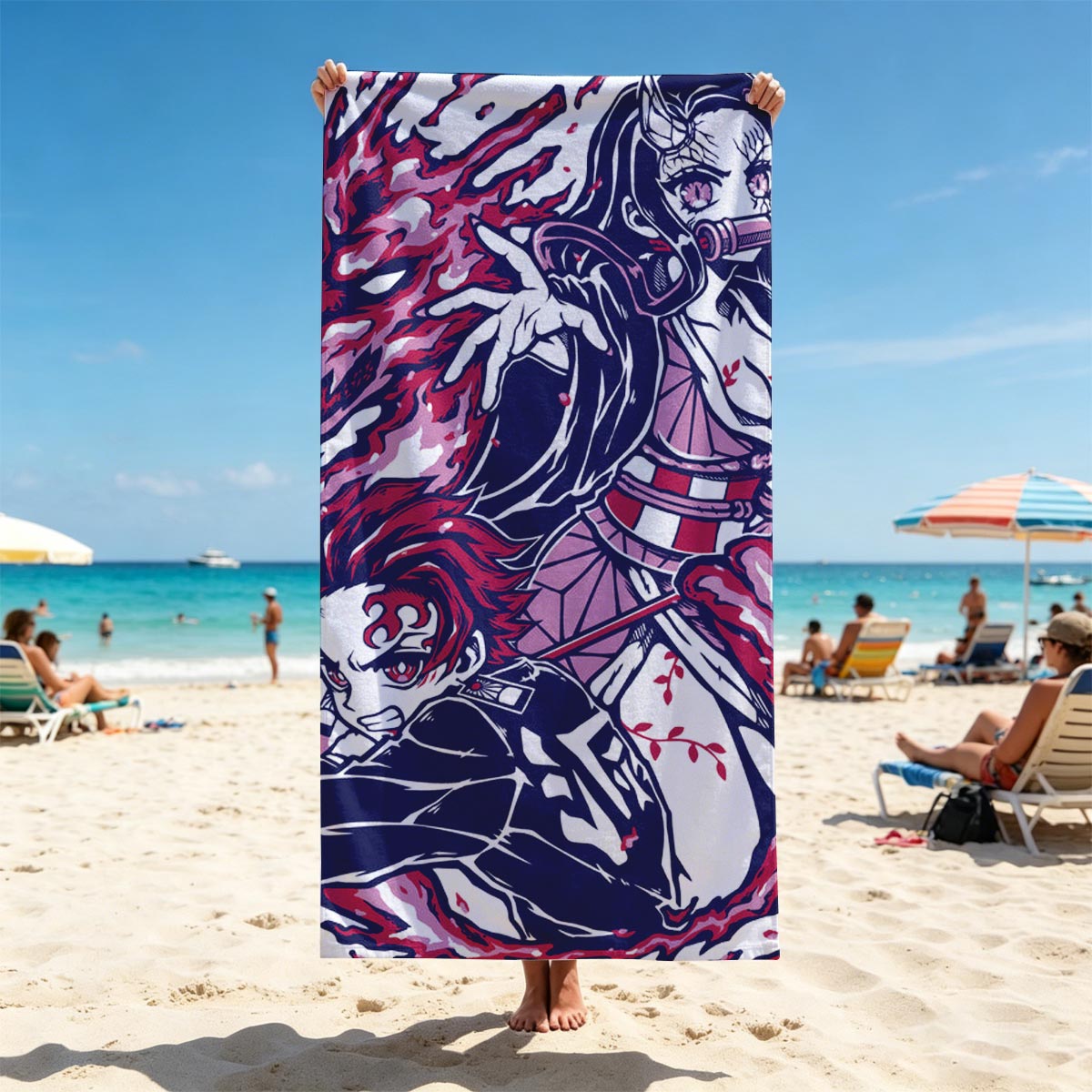 Demon Slayer: Nezuko and Tanjiro with Flame Dragon - Beach towels