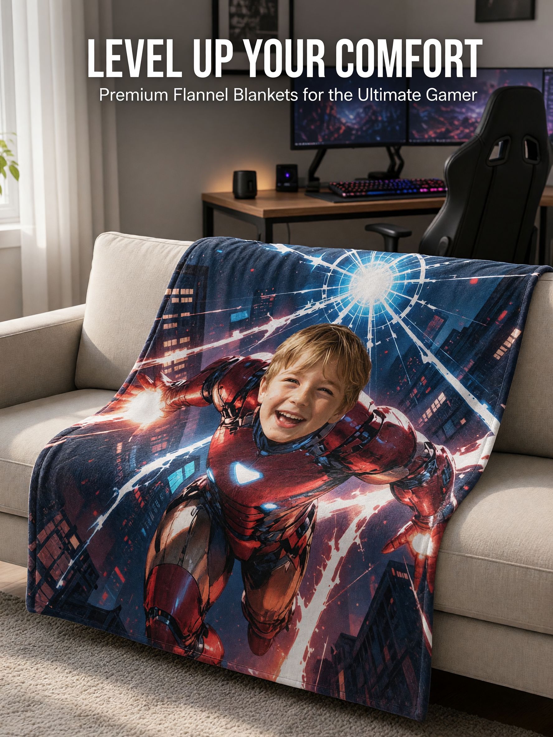 Custom Face Superhero Blanket, Personalized Photo Soft Flannel Fleece Throw, Ideal Cozy Gift for Kids and Family