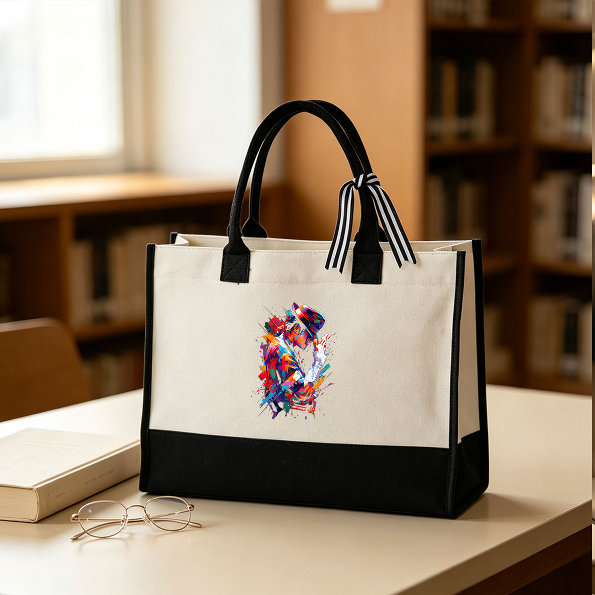 Michael Jackson in Iconic Pose with Colorful Artistic Style - Canvas patchwork gift tote bag