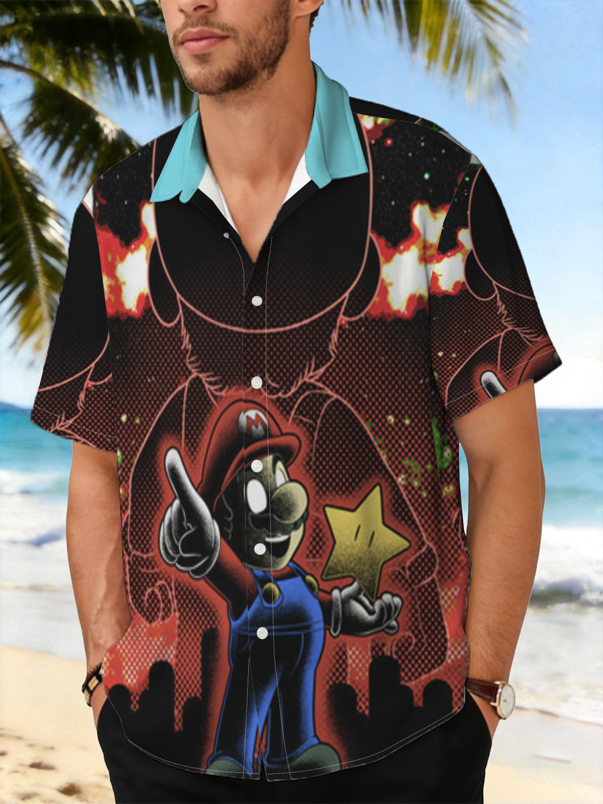 Mario Holds Star Against Shadowy Figure in Fiery Sky -  Shirt