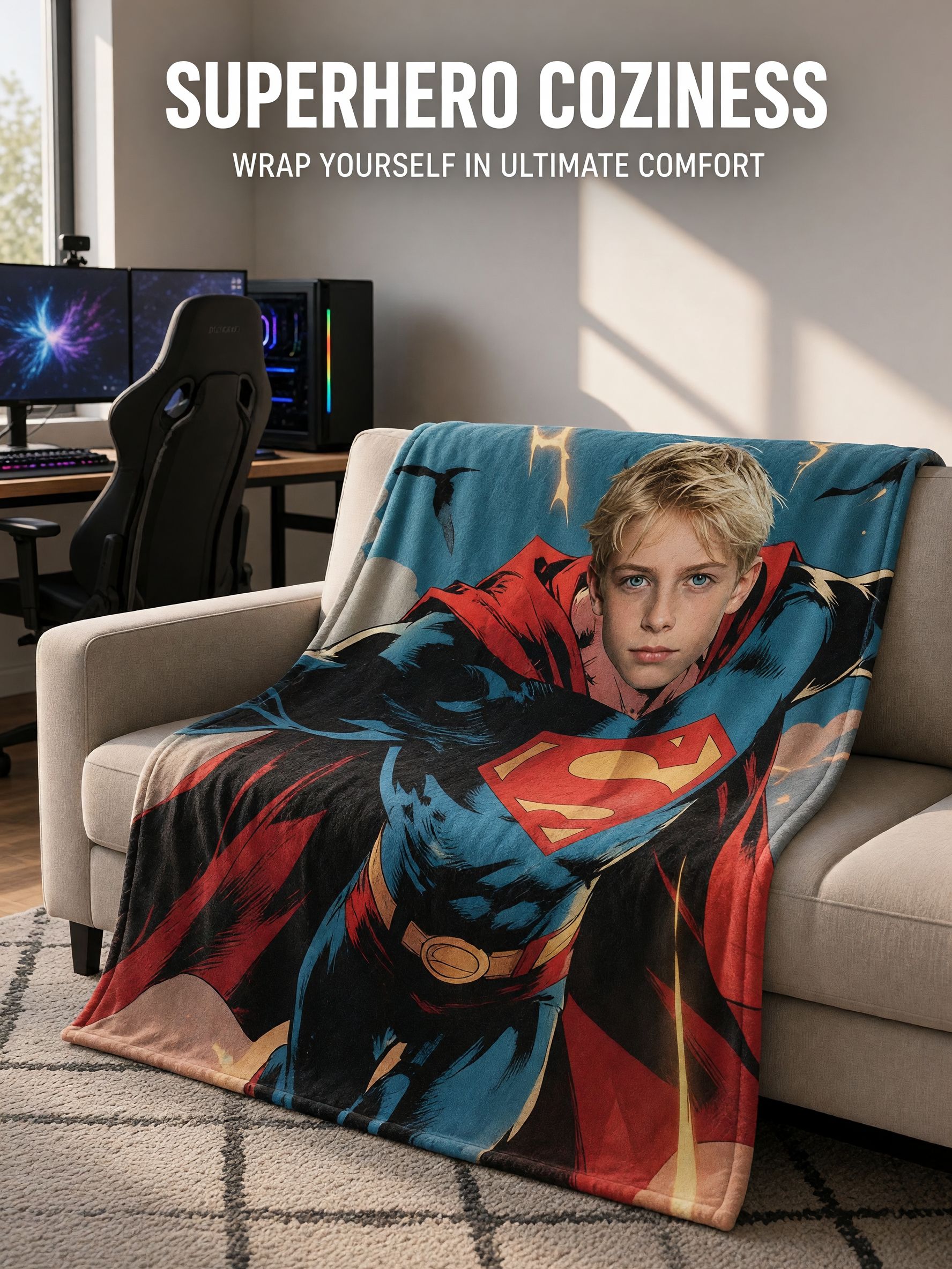 Custom Photo Face Superhero Blanket Personalized Comic Art Flannel Throw Ultra Soft Warm Fleece Bedding Couch Cover