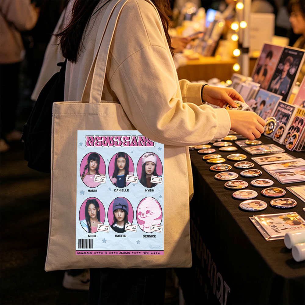 NEWJEANS Members in Pink-Themed Portrait Collage with Price Tags and Cartoon Character - Canvas tote bags