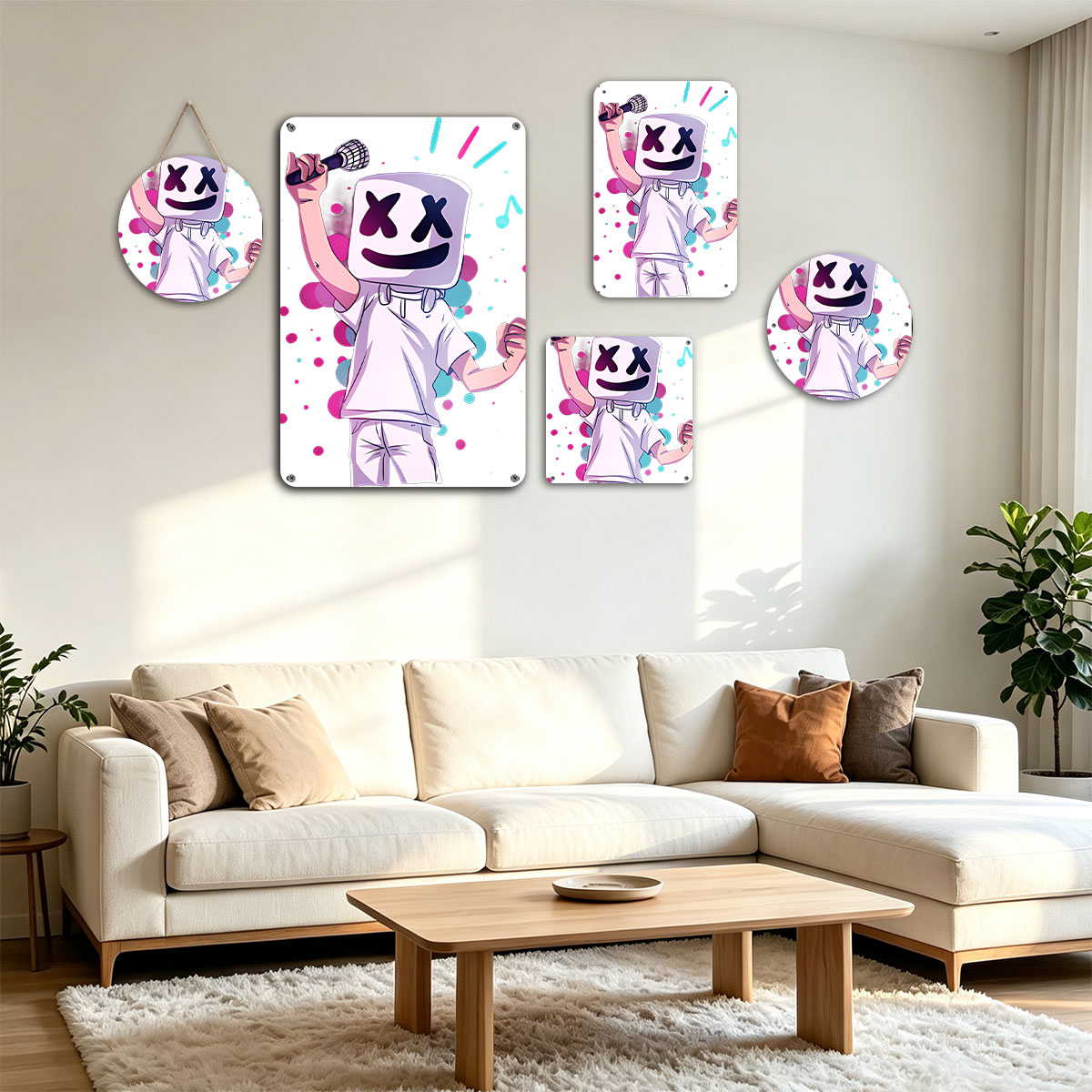 Marshmello Performing with Microphone, Music Notes, and Colorful Background - painting