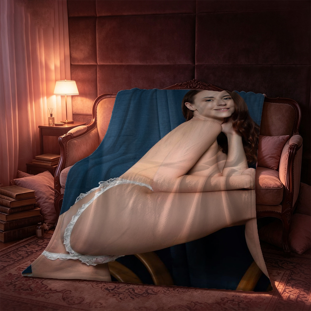 Japanese Model in White Lace Lingerie by Window - Blanket