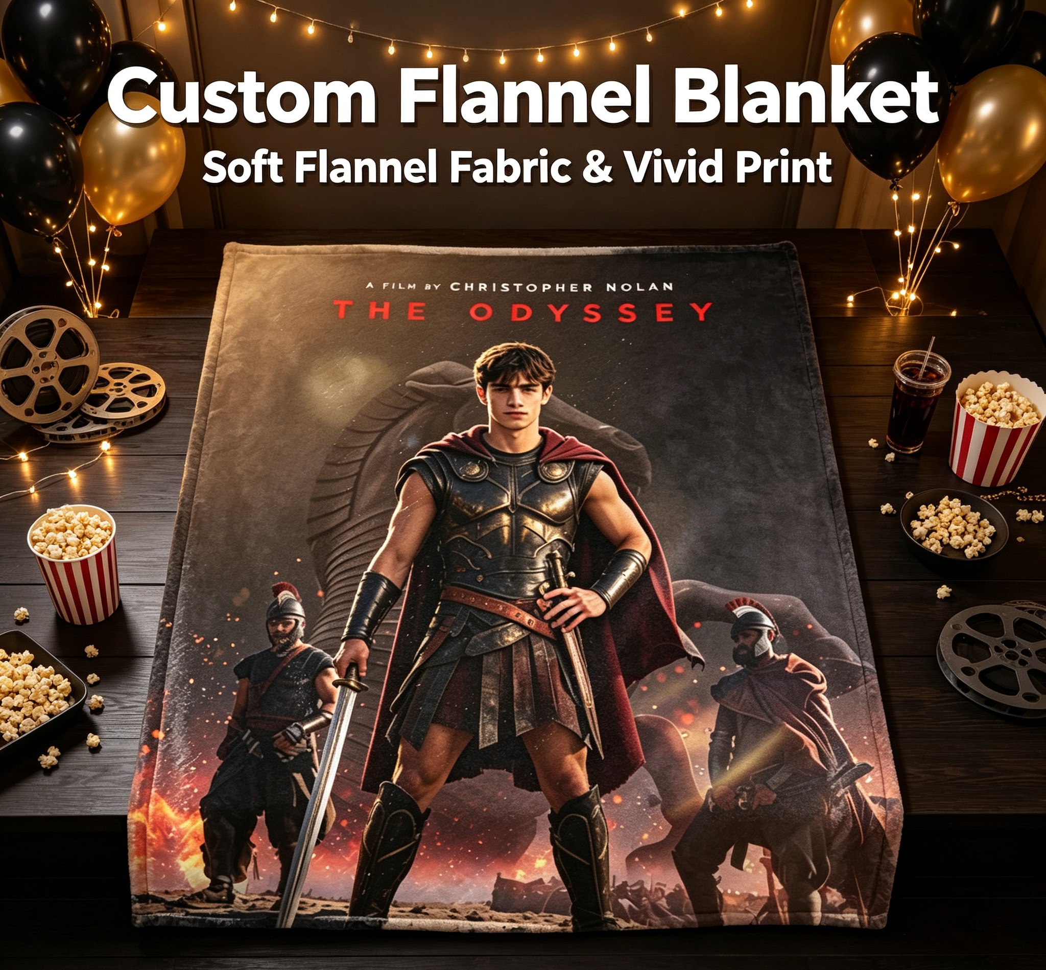 Custom Face Blanket The Odyssey Movie Character Flannel Blanket for Couch, Bed, or Travel – Perfect Gift or Giveaway for Fans of Christopher Nolan Films