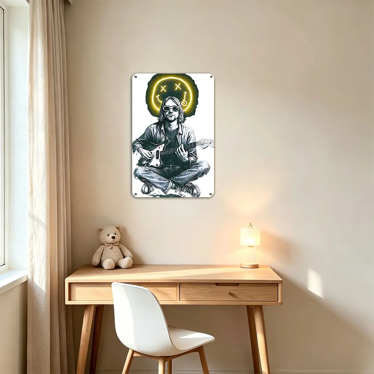 Kurt Cobain Playing Guitar with Neon Smile Halo - painting