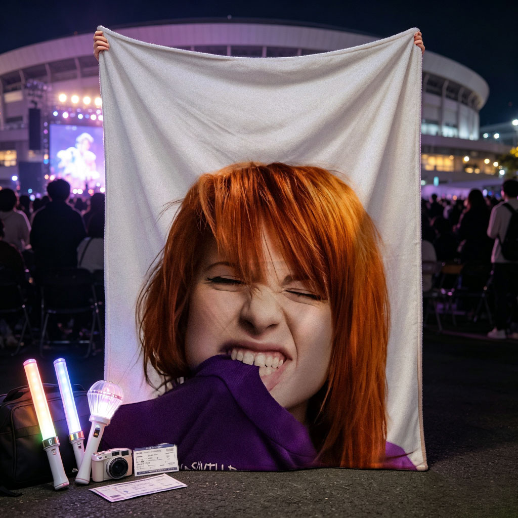 Hayley Williams from Paramore in a Playful Pose Wearing a Purple Nashville Shirt with a Vibrant Design - Blankets