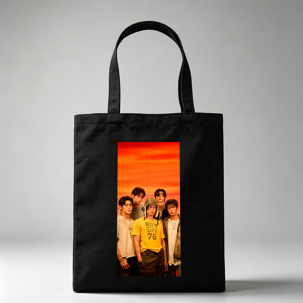 TXT Members in a Bold Group Pose Against a Vibrant Orange Sky Background - Canvas tote bags