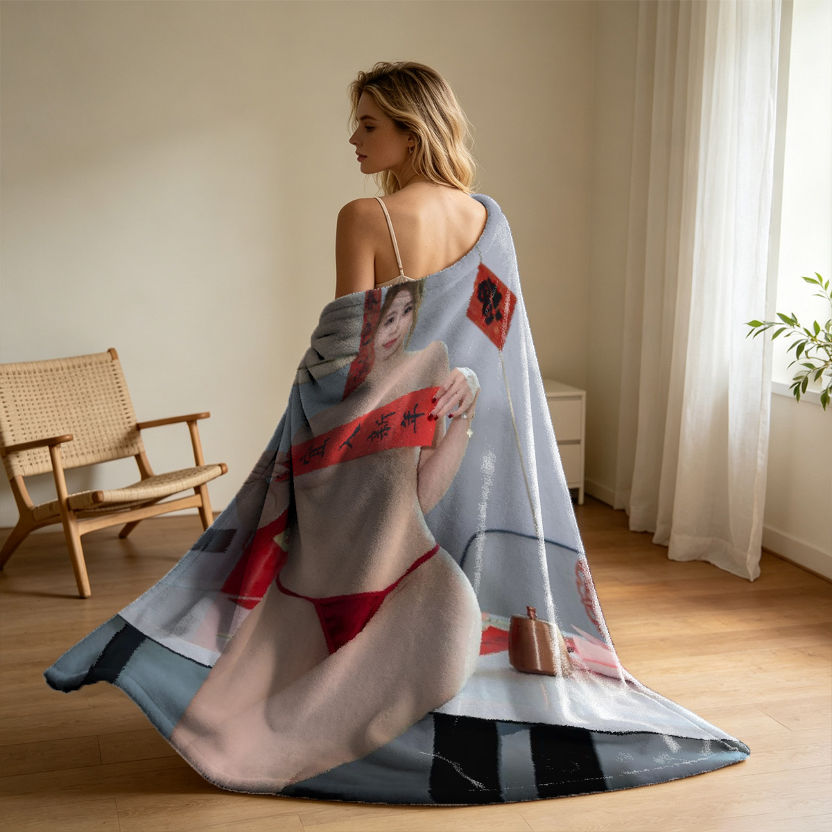 Nude Blonde Leaning Over Table - Blanket