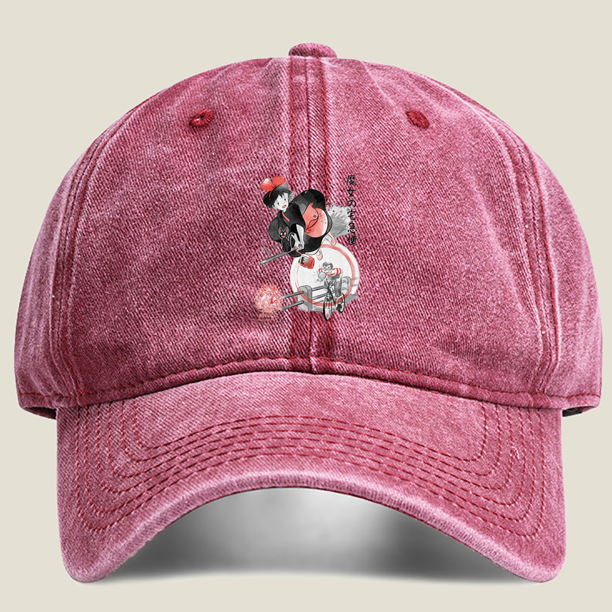 Kiki's Delivery Service: Kiki and Jiji on Broomstick with Delivery Man - Washed Denim - Baseball Cap