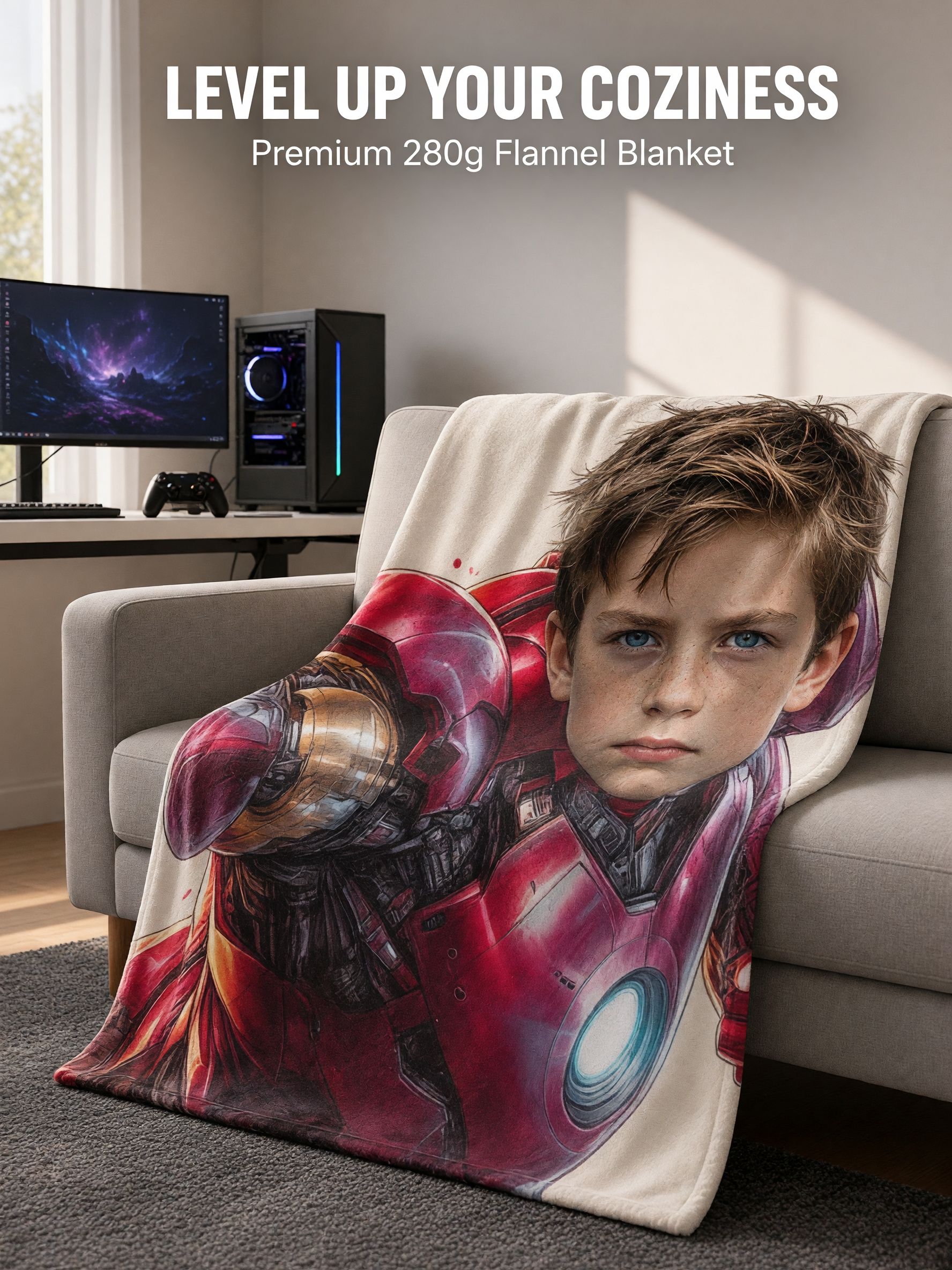 Personalized Face Superhero Flannel Blanket, Custom Photo Soft Warm Plush Throw Bedding Decor for Kids and Adults
