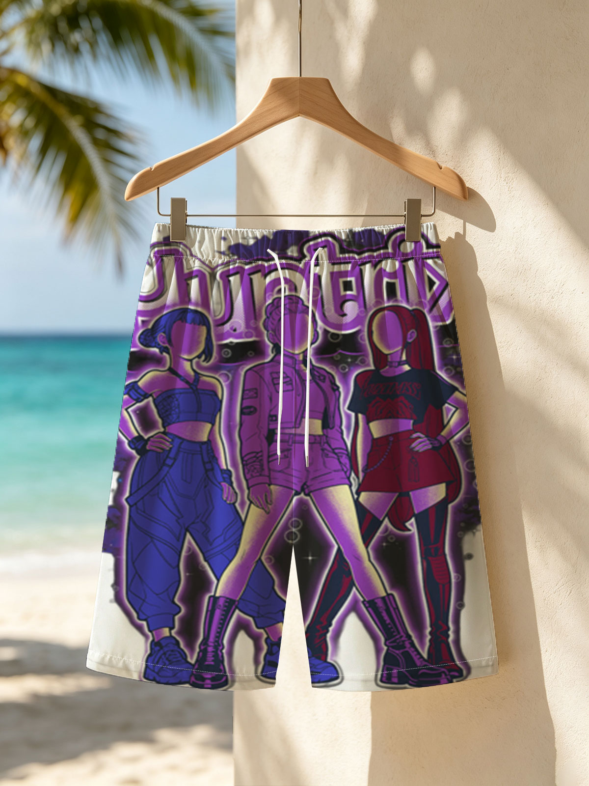 Huntrix: Three Stylish Characters in Vibrant Outfits with Futuristic Aesthetic -  Beach shorts