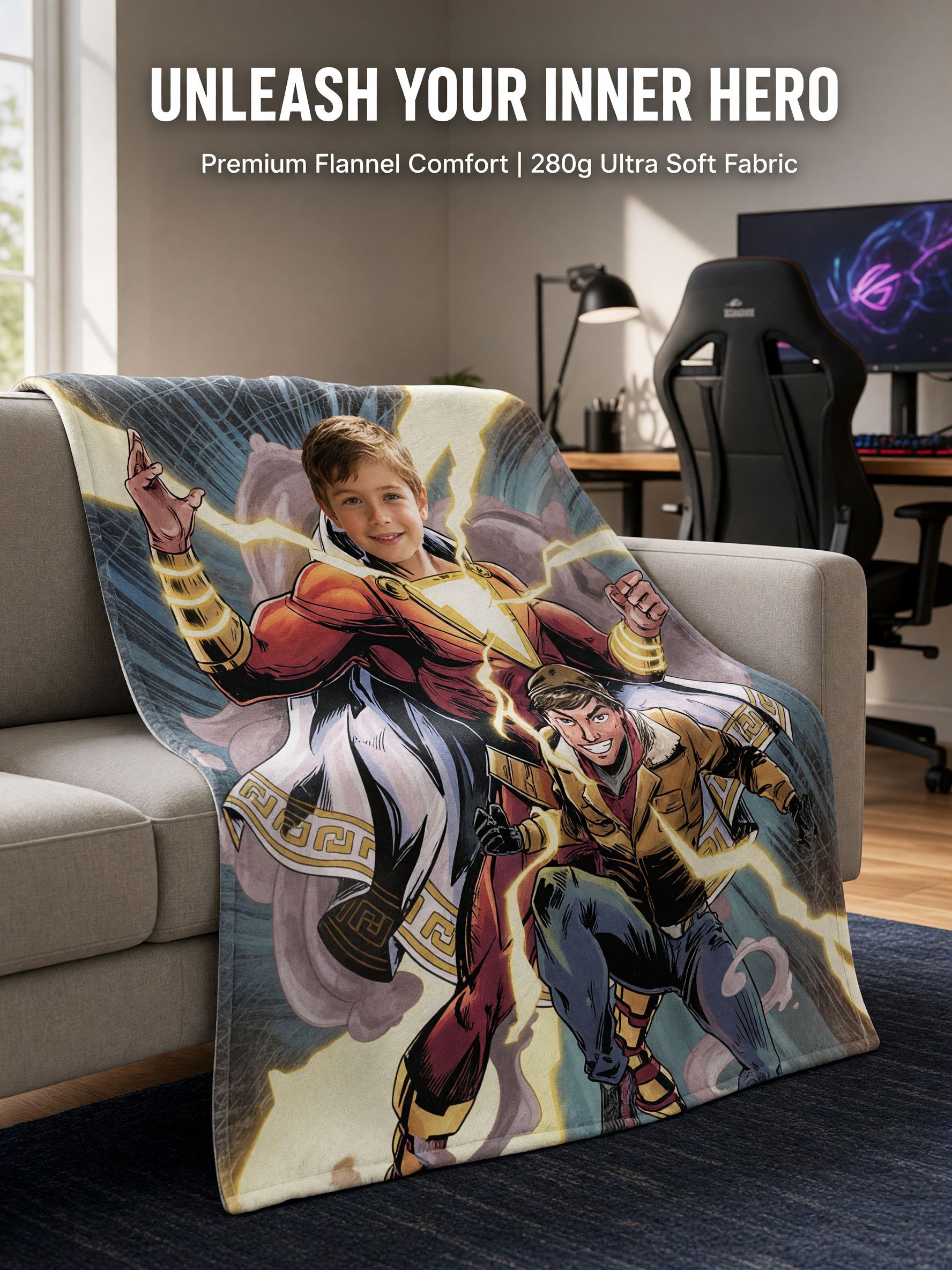 Custom Photo Superhero Flannel Blanket, Personalized Face Throw for Kids and Adults, Cozy Plush Comic Gift